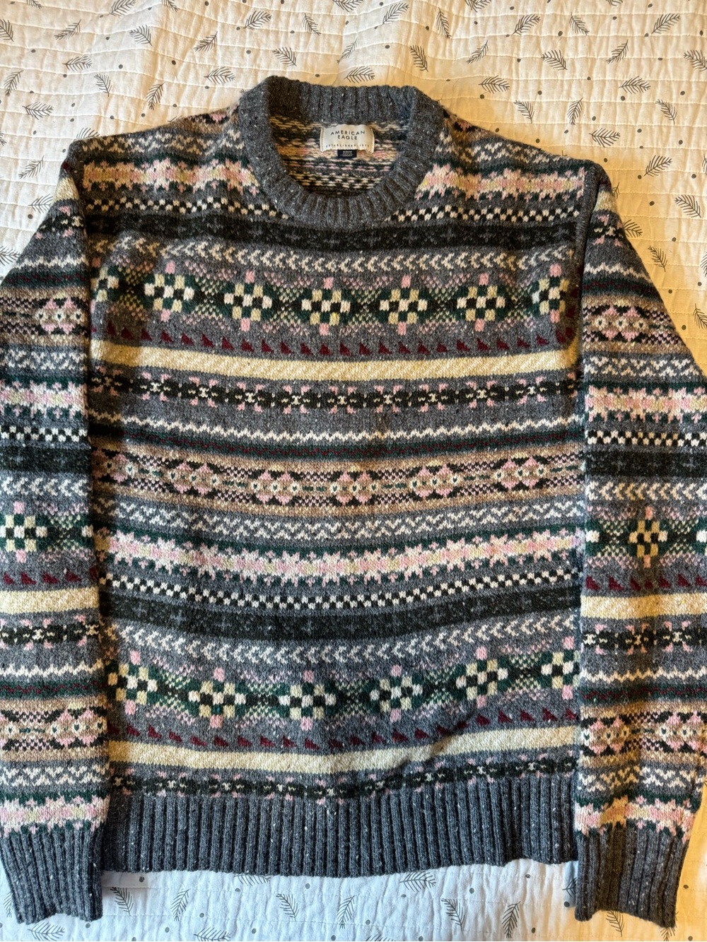 Vintage-Inspired Gray Fair Isle Crewneck Sweater